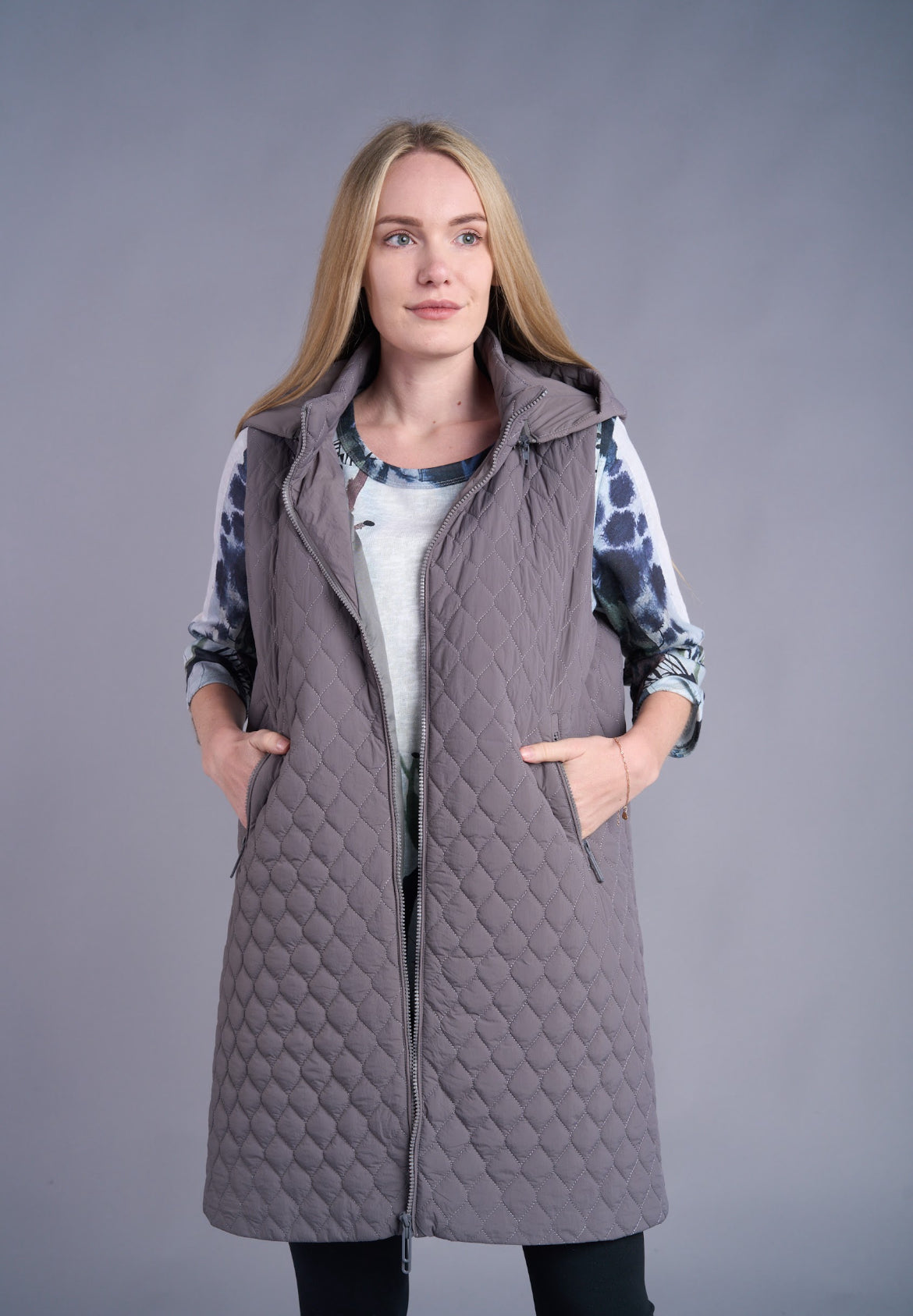 Shana Long Solid Hoodie Jacket, Grey