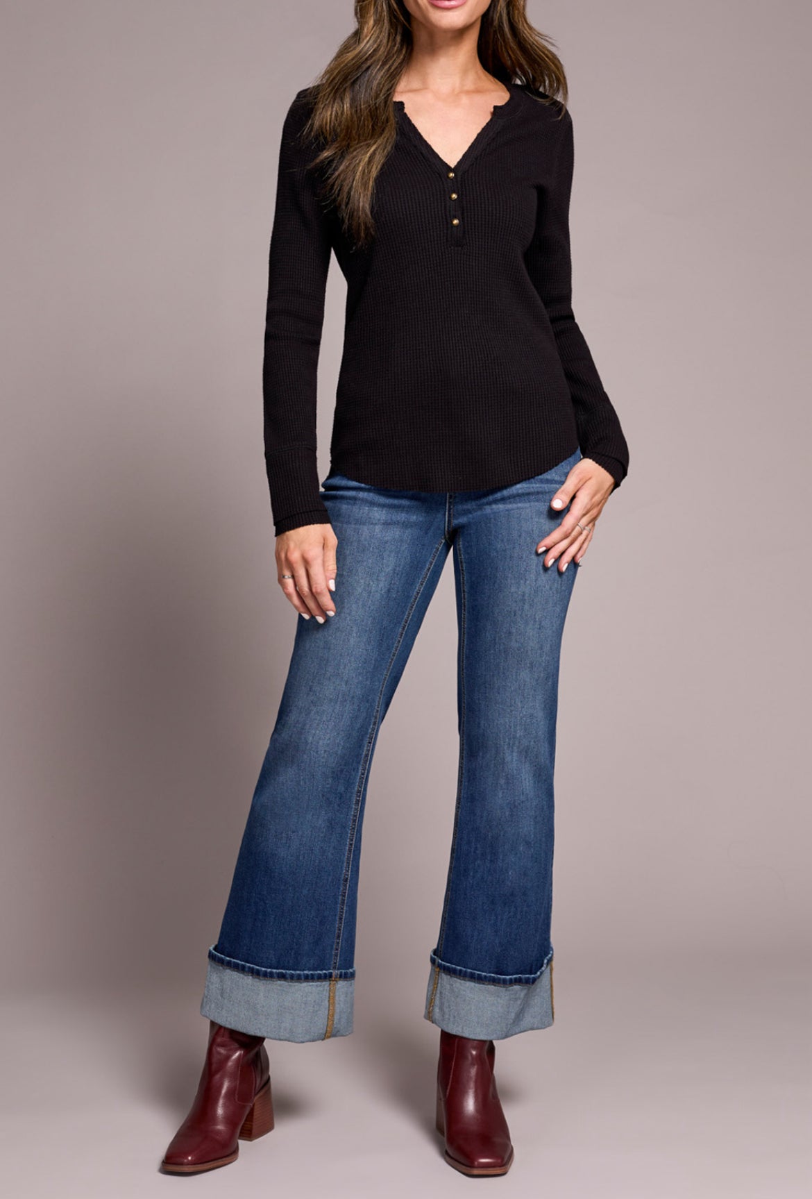 Tribal Henley Top W/Buttons, Black