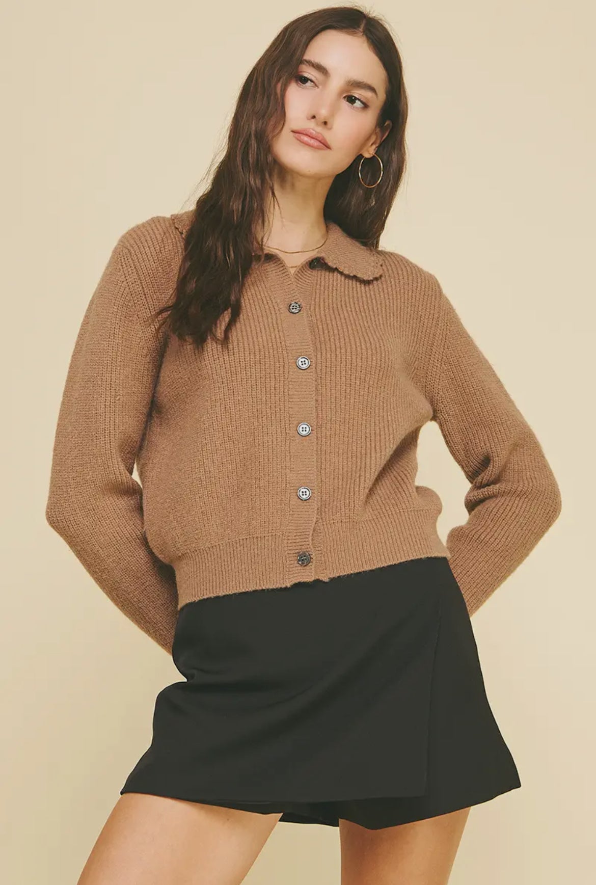 Pinch Eyelet Detailed Sweater Cardigan, Mink