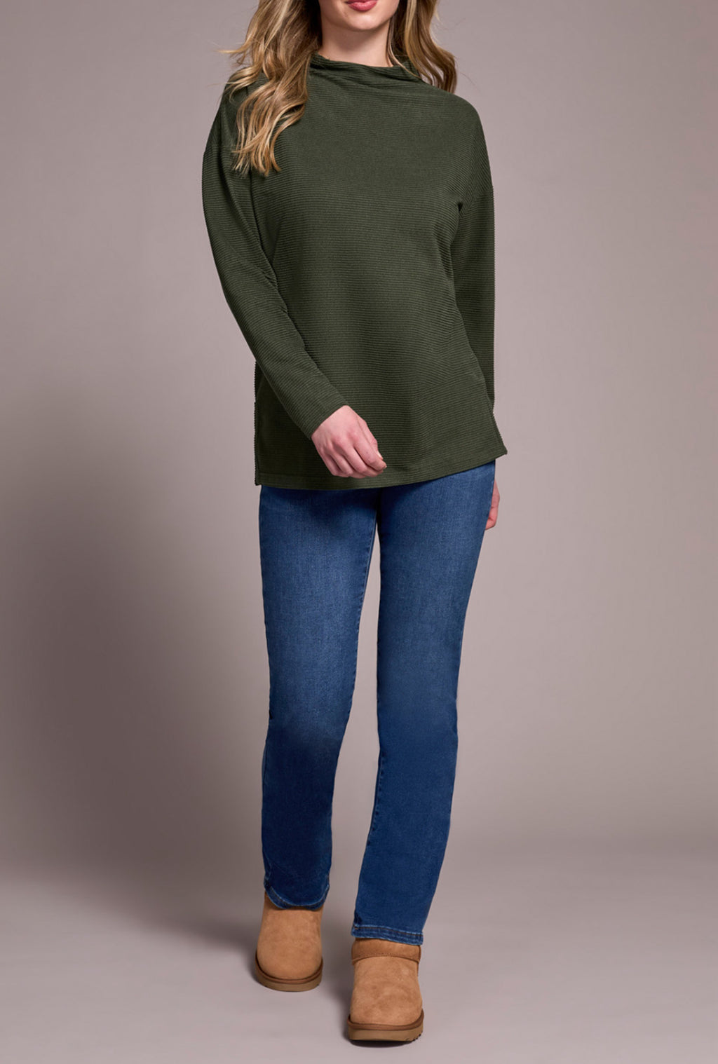 Tribal Funnel Neck Tunic W/Side Slits, H Spruce