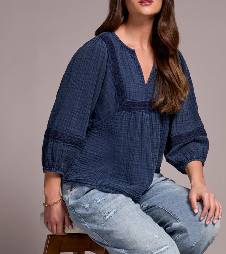 Tribal Cotton Gauze 3/4 Sleeve Empire Waist Blouse, Nightfall