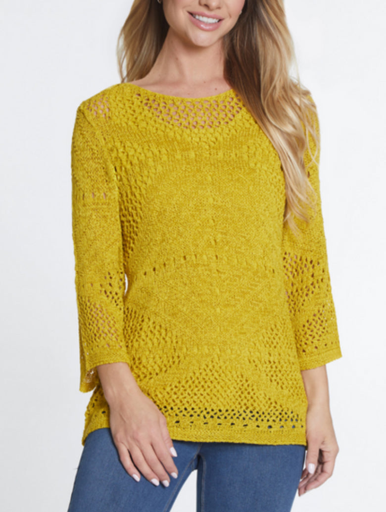 Multiples 3/4  Sleeve Wide Neck Sweater Top Citron