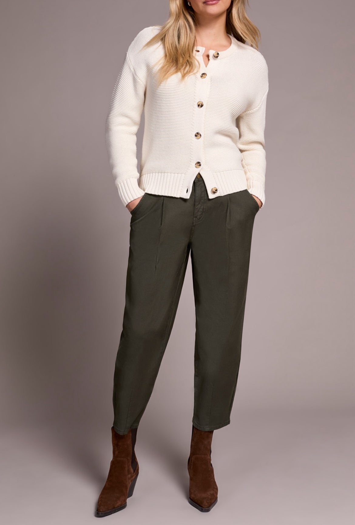 Tribal Button Front Cardi With Special Wash, Eggshell