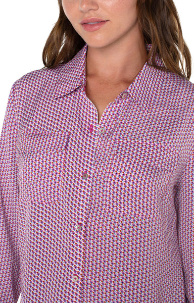 Liverpool Flap Pocket Button Front Woven Blouse, Fuchsia Geo