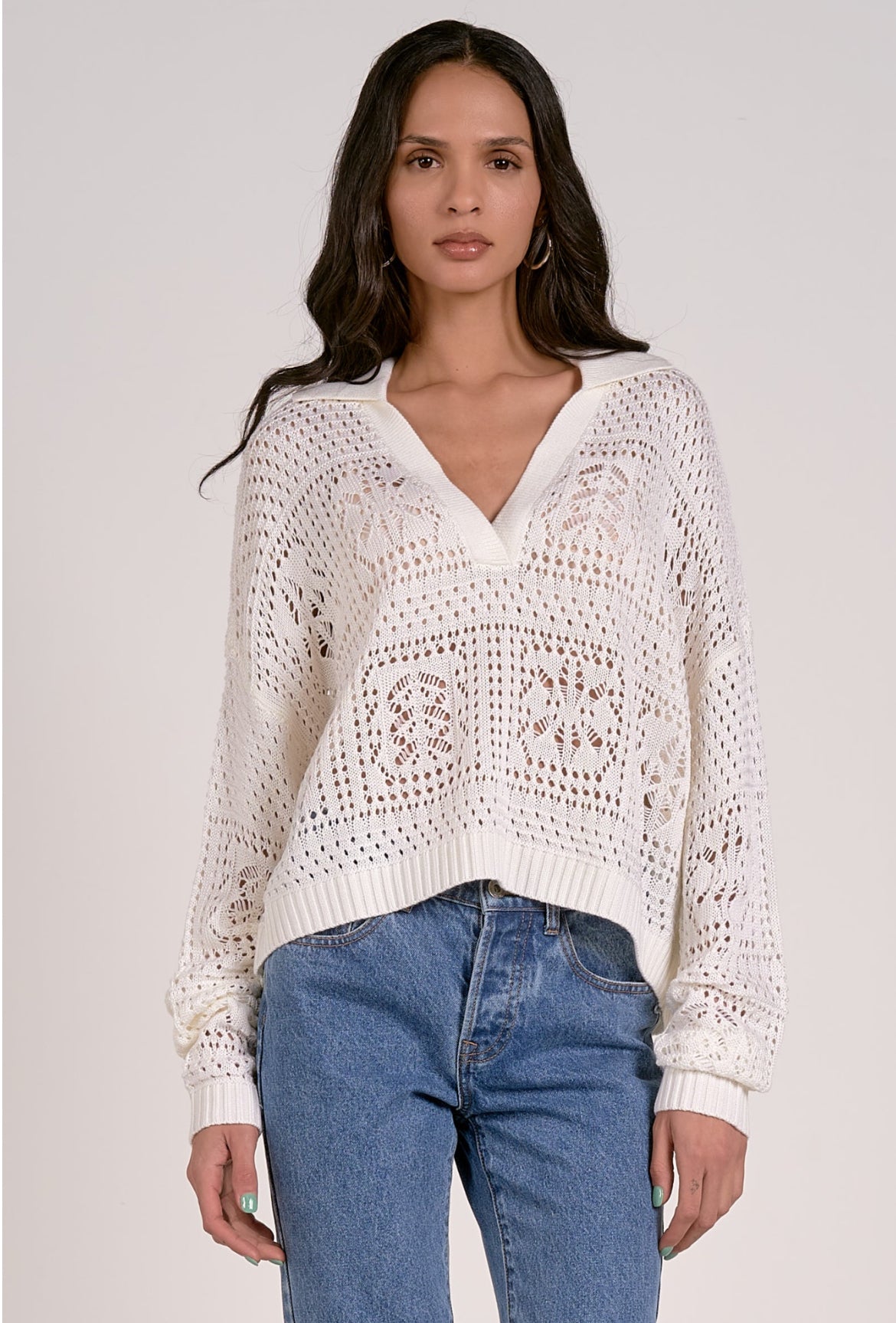 Elan V Neck Collar Sweater, White