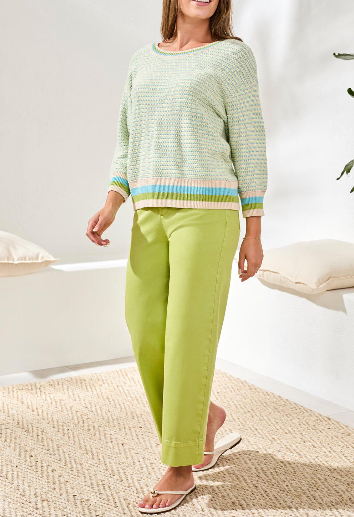 Tribal 3/4 Sleeve Scoop Neck Sweater, Mintleaf