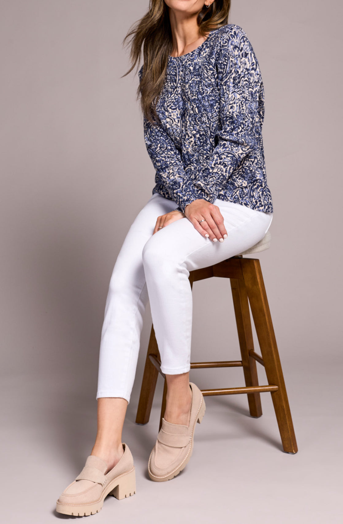 Tribal Printed Cable Cotton Long Sleeve Crew Neck Sweater