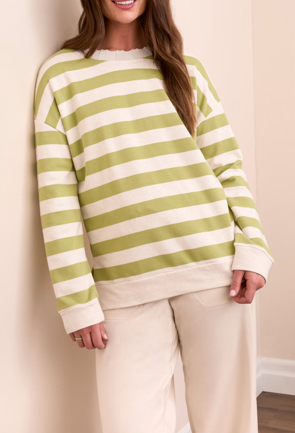 Tribal Long Sleeve Crew Neck Top W/Rib Detail, Wasabi