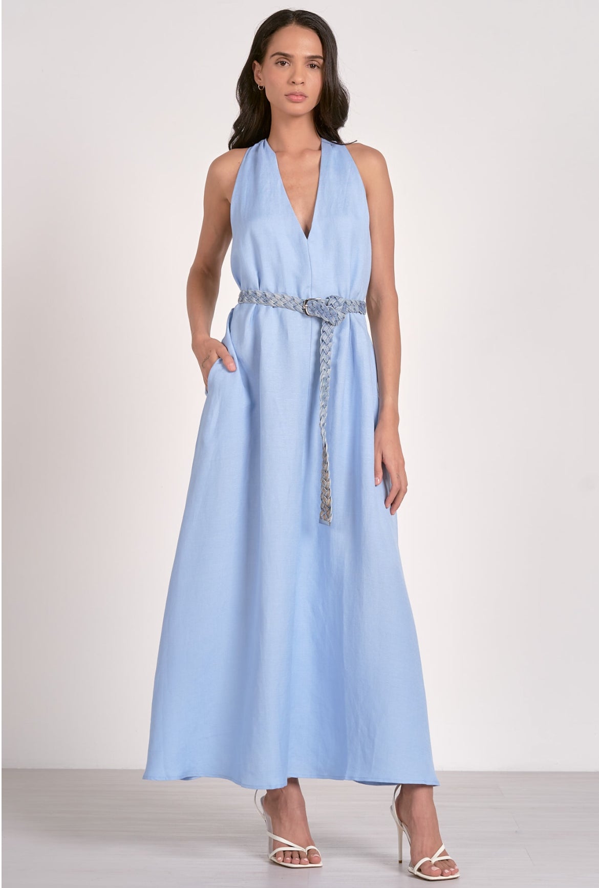 Elan Lala Maxi Sleeveless V Neck Dress, Light Blue Deasee's Boutique Elan Lala Maxi Sleeveless V Neck Dress, Light Blue Deasee's Boutique