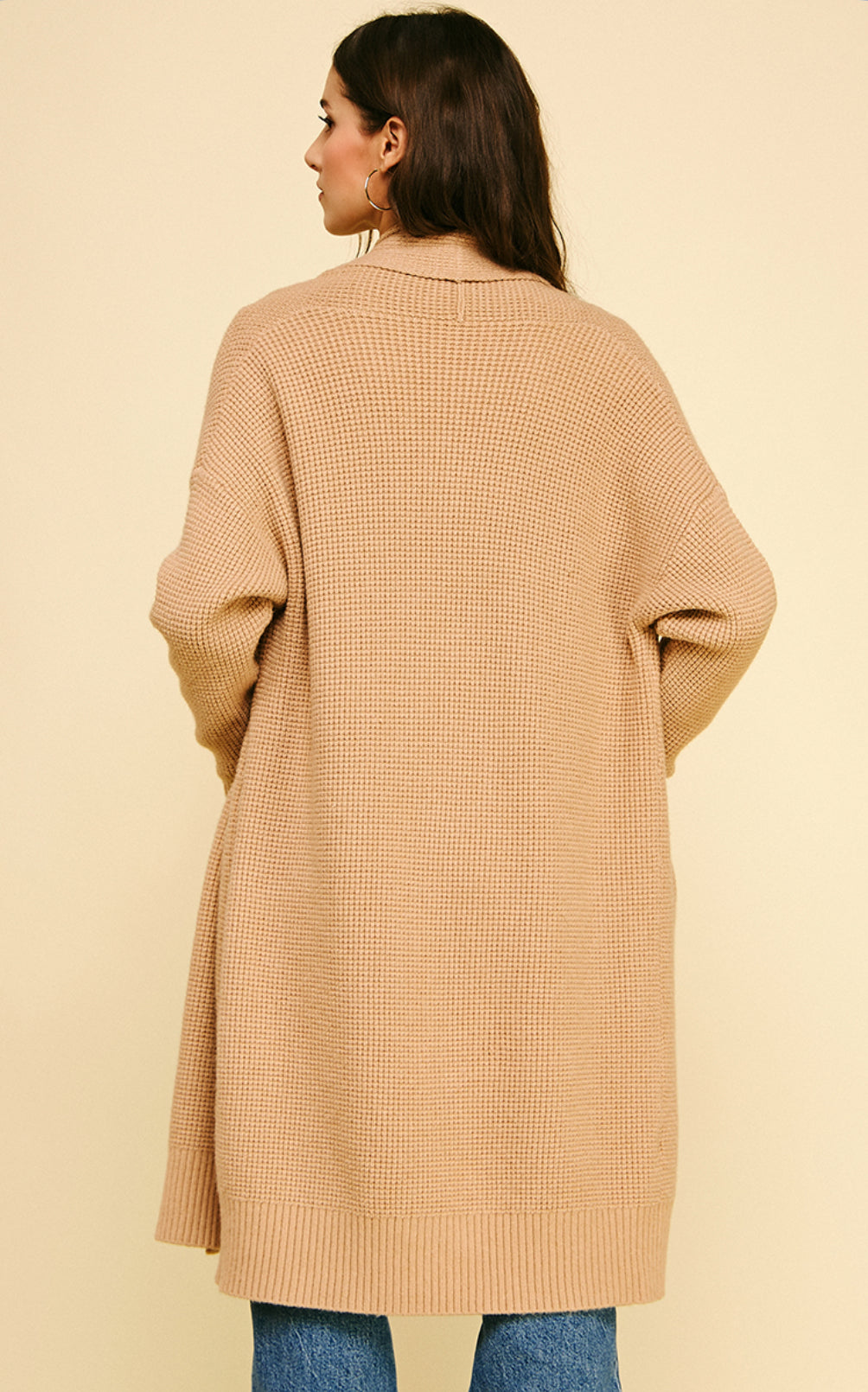 Pinch Waffle Textured Open Front Cardigan Sweater, Camel