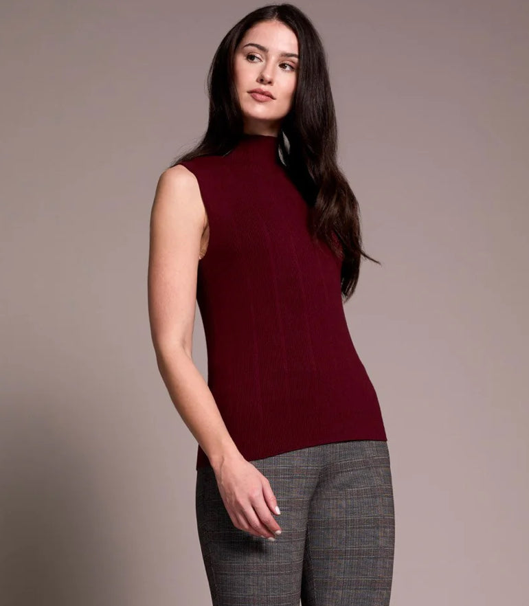 Tribal Textured Sleeveless Mock Neck Top, Wine