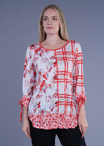 Shana Crinkle Mix Media Ruched Sleeves Top Coral