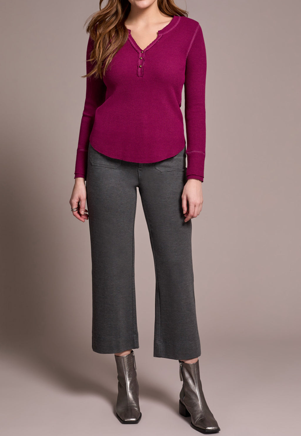 Tribal Henley Top W/Button, Plumwine
