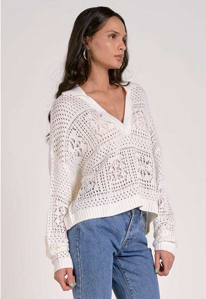 Elan V Neck Collar Sweater, White