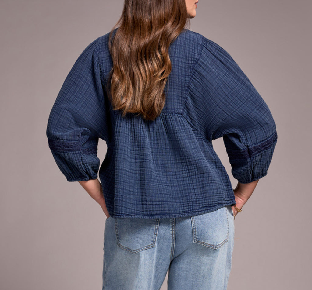 Tribal Cotton Gauze 3/4 Sleeve Empire Waist Blouse, Nightfall