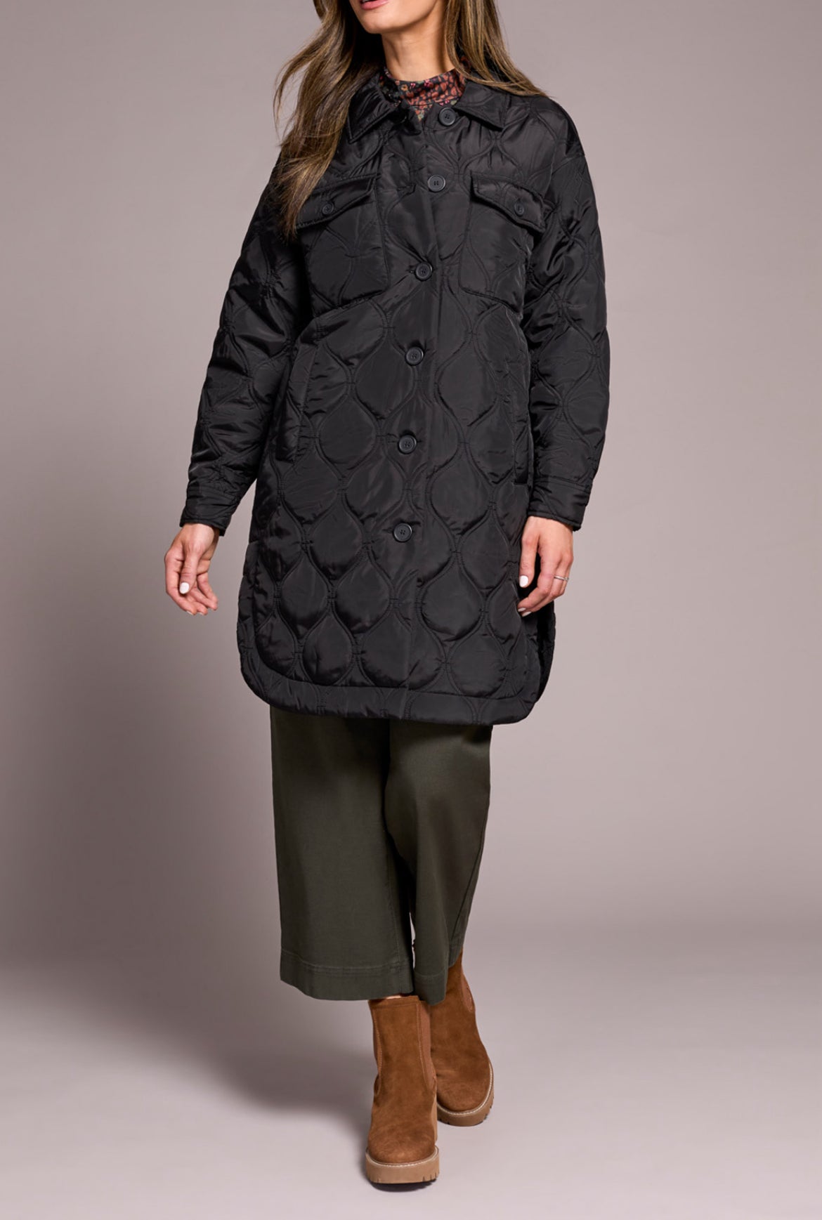 Tribal Long Quilted Button-Up Jacket With Pockets, Black