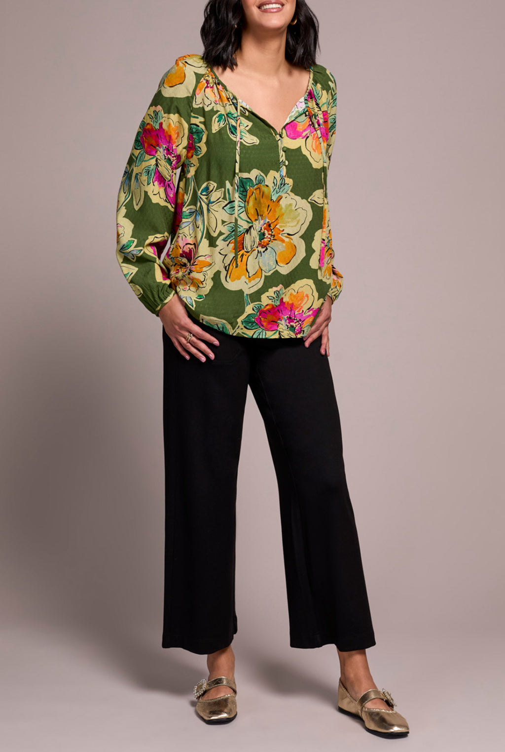 Tribal Long Sleeve Blouse W/Tie, Chive