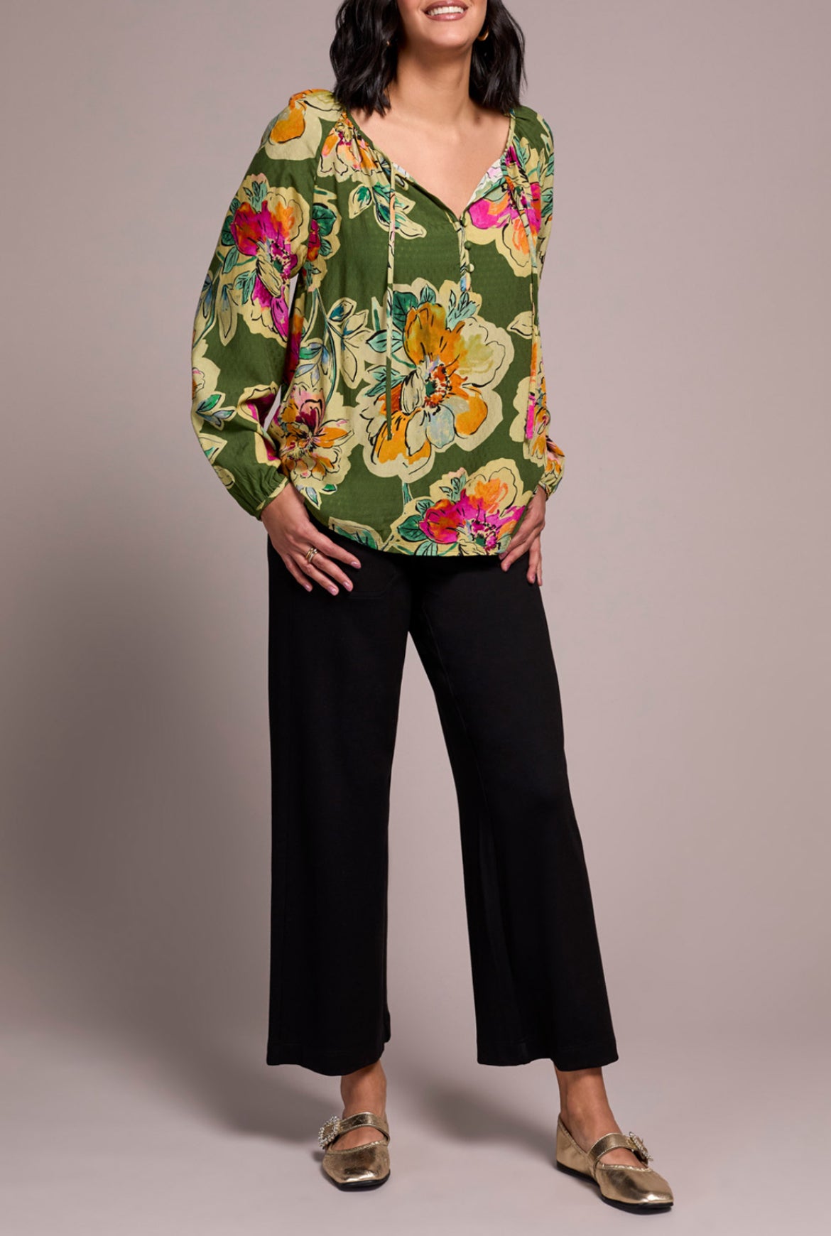 Tribal Long Sleeve Blouse W/Tie, Chive