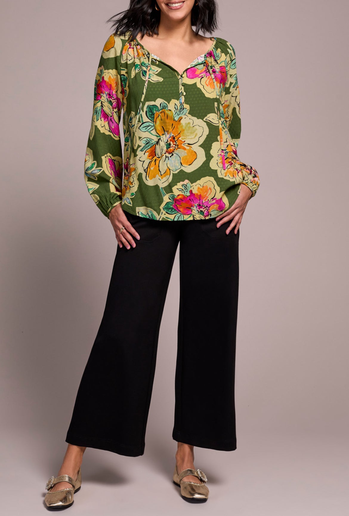 Tribal Long Sleeve Blouse W/Tie, Chive