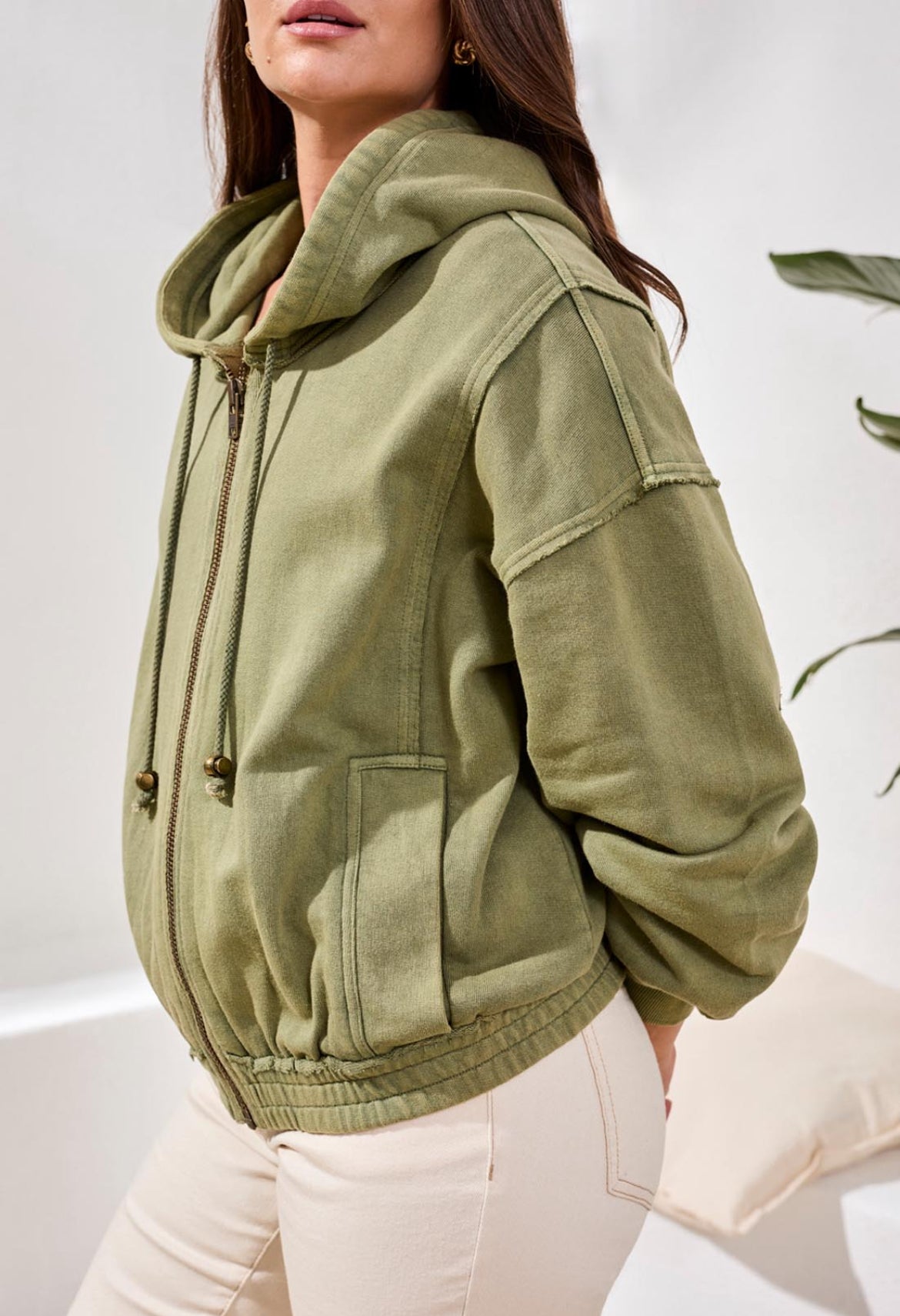 Tribal Puff Sleeve Zip Up Hoodie W/ Special Wash Effect, Rainforest