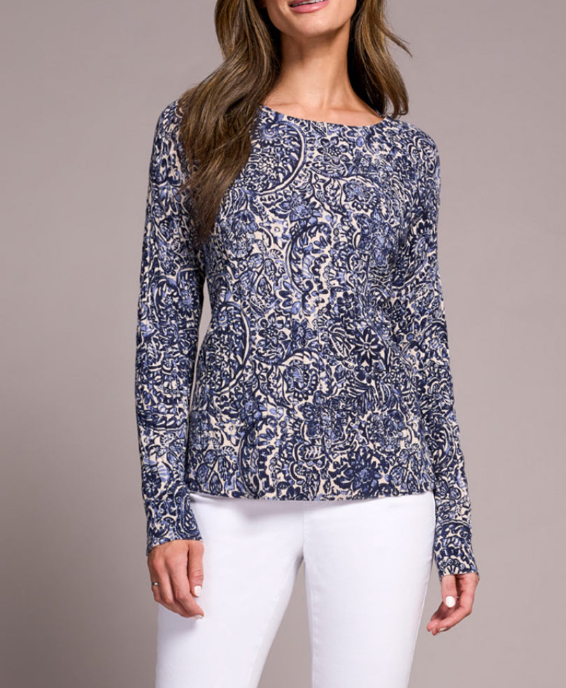 Tribal Printed Cable Cotton Long Sleeve Crew Neck Sweater