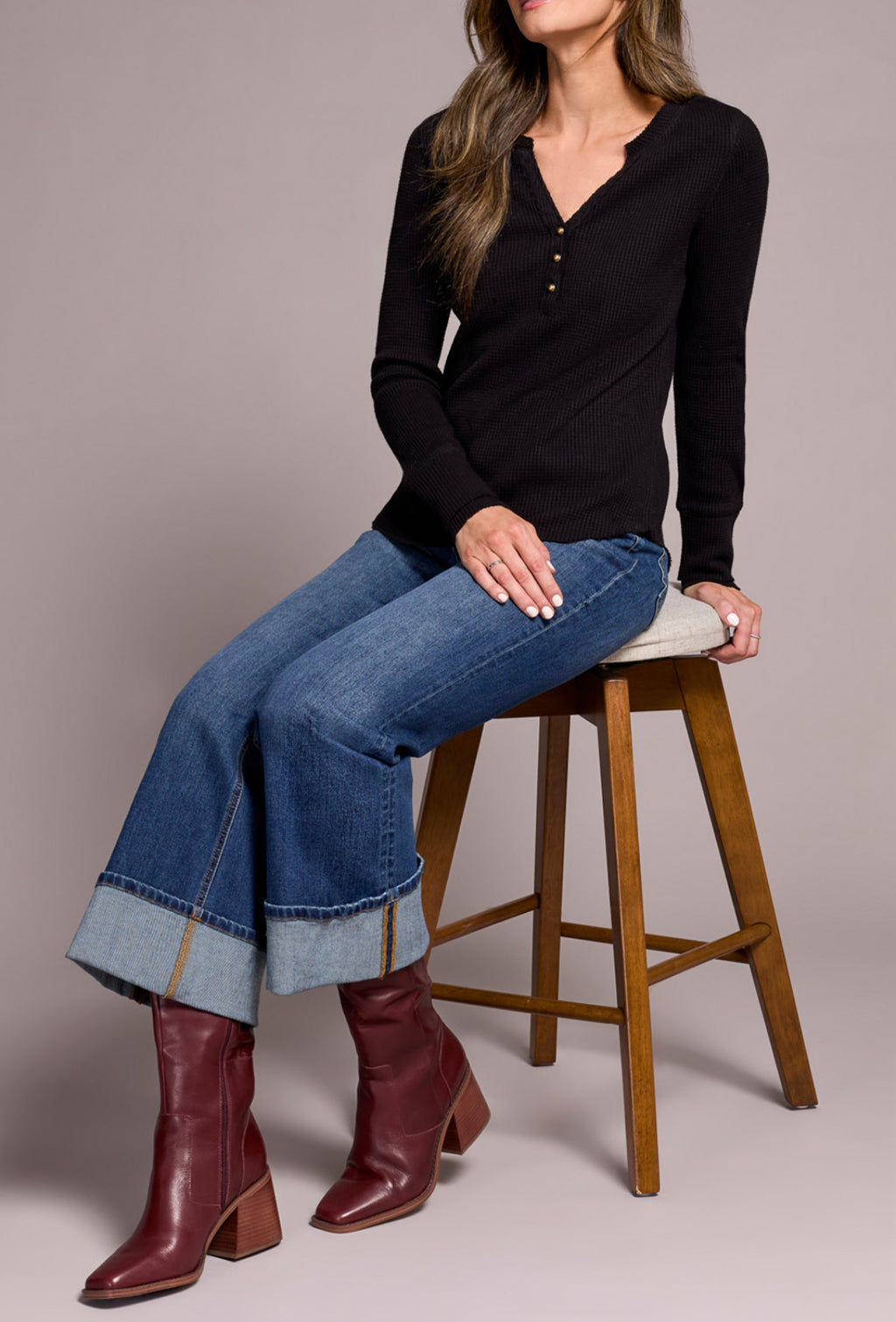 Tribal Henley Top W/Buttons, Black