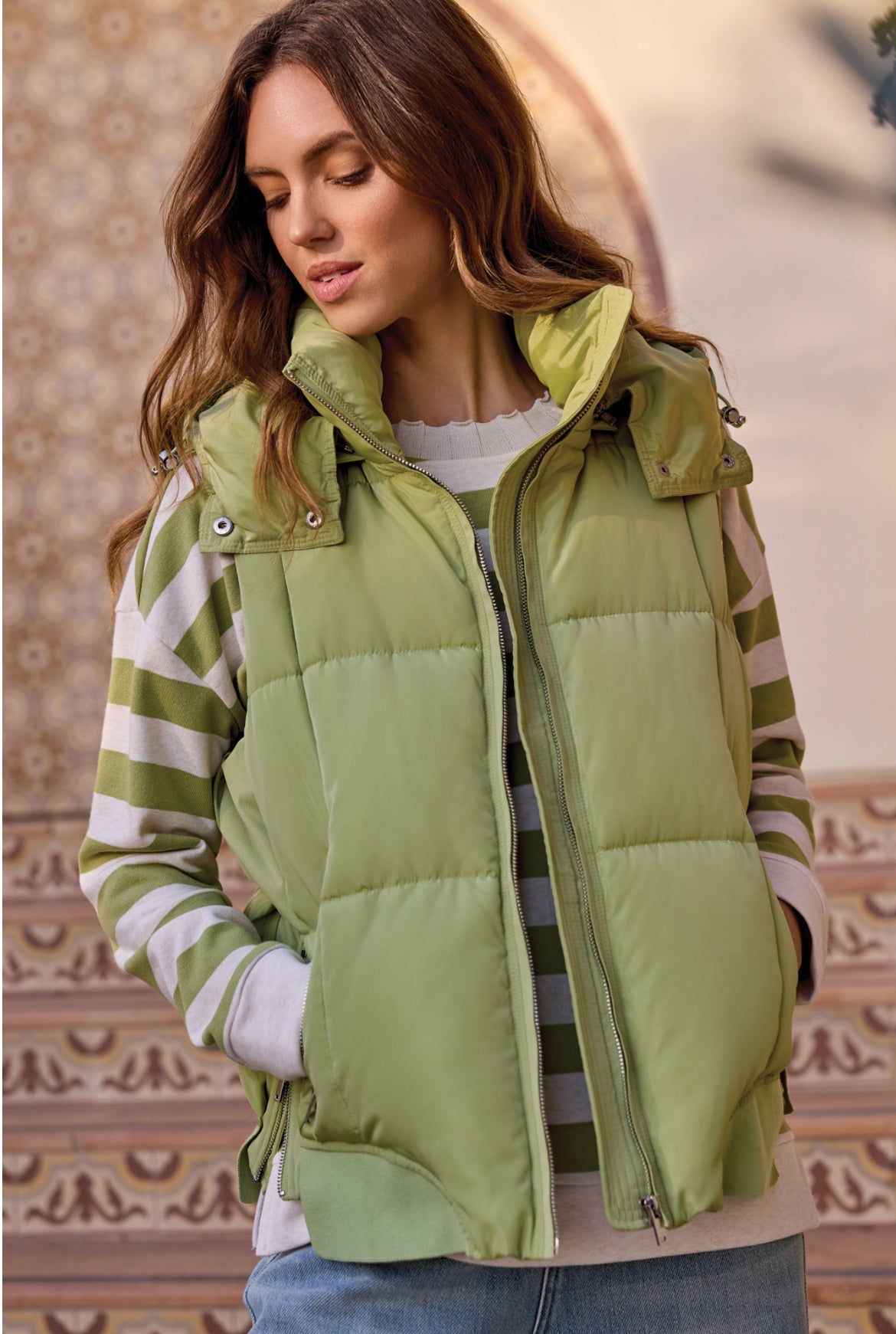 Tribal Quilted Vest W/Removable Hood, Wasabi