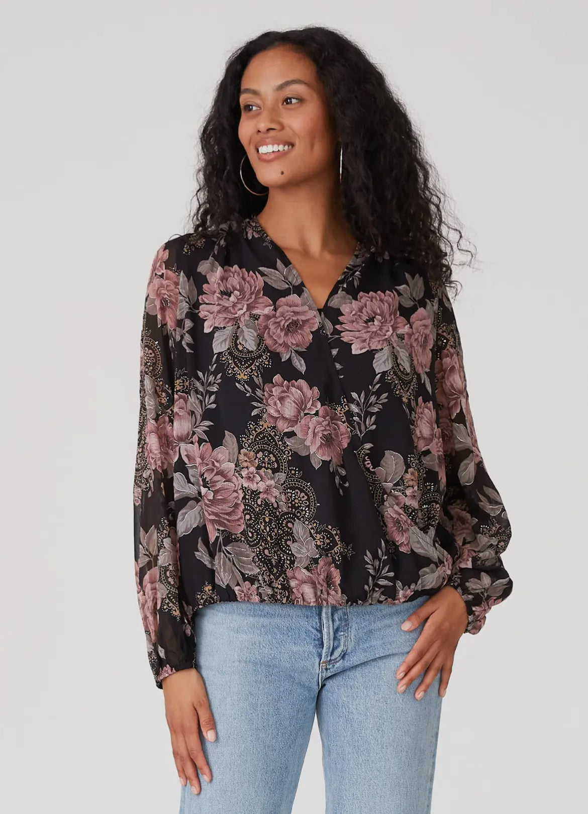 Lovestitch Floral Long Sleeve Surplice Blouse