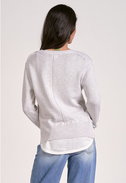 Elan Sweater V Neck Layered Top, Grey Warm/White