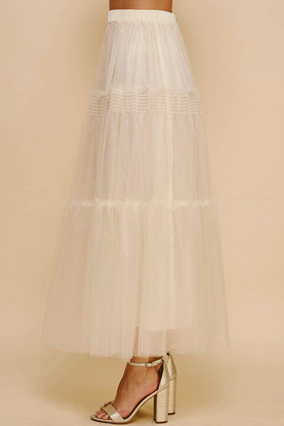 Pinch Tulle Mesh Teired Maxi Skirt, Ivory