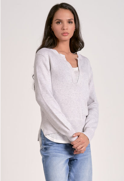 Elan Sweater V Neck Layered Top, Grey Warm/White