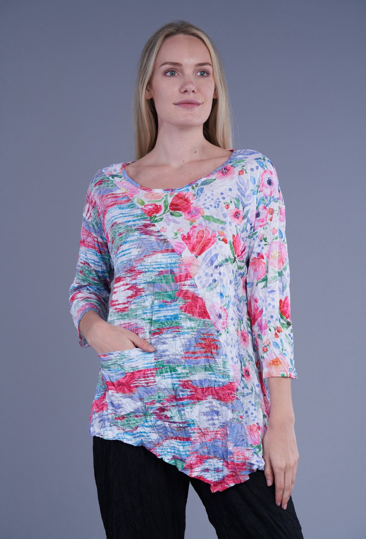 Shana Crinkle Mix Media Asymmetrical One Pocket Top Floral