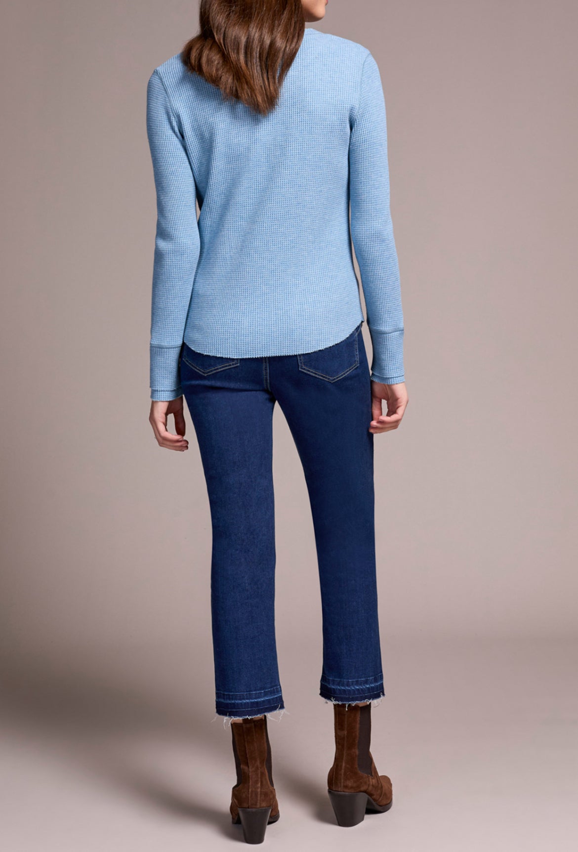 Tribal Henley Top W/Button, Heather Denim