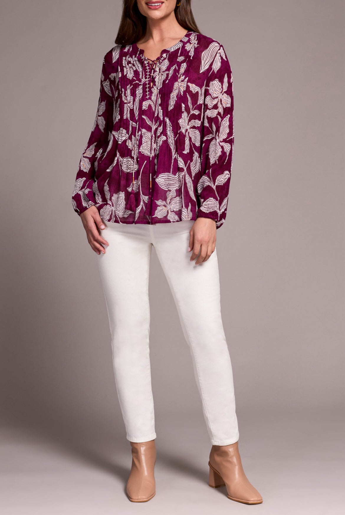Tribal Wide Sleeve Popover Blouse, Plumwine