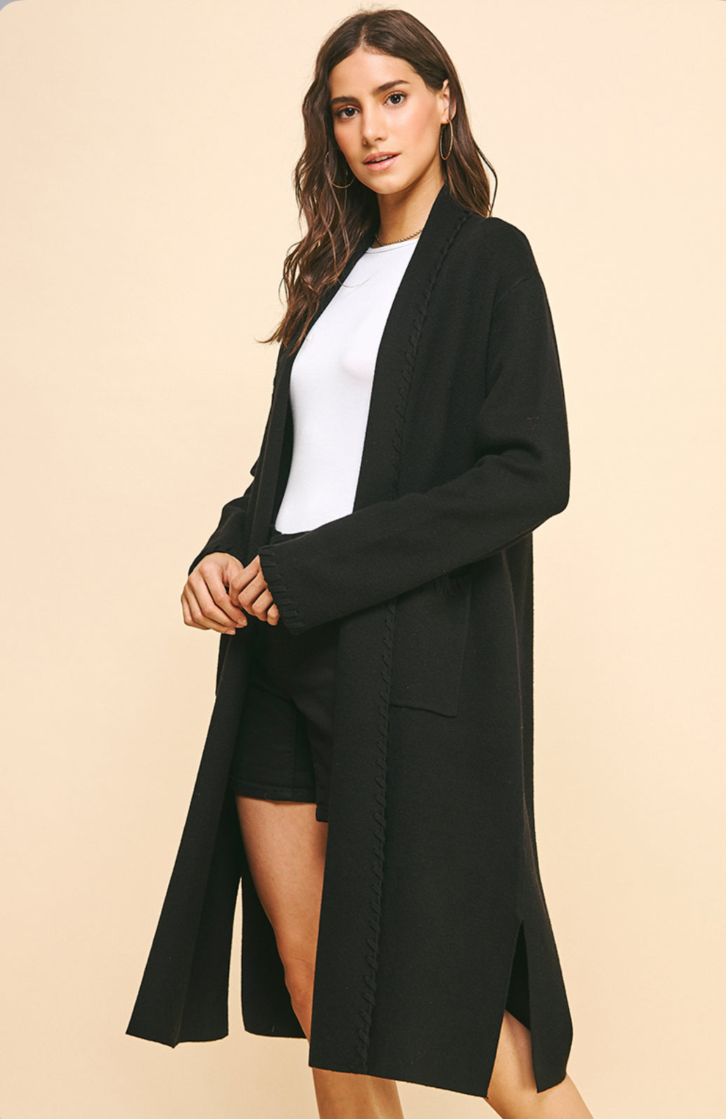 Pinch Edge Detail Open Knit Cardigan, Black 
