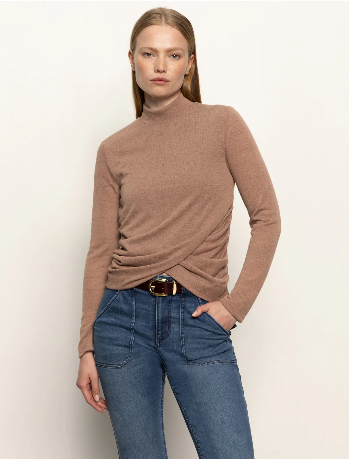 Sanctuary Long Sleeve Draped Mock Neck Mocha
