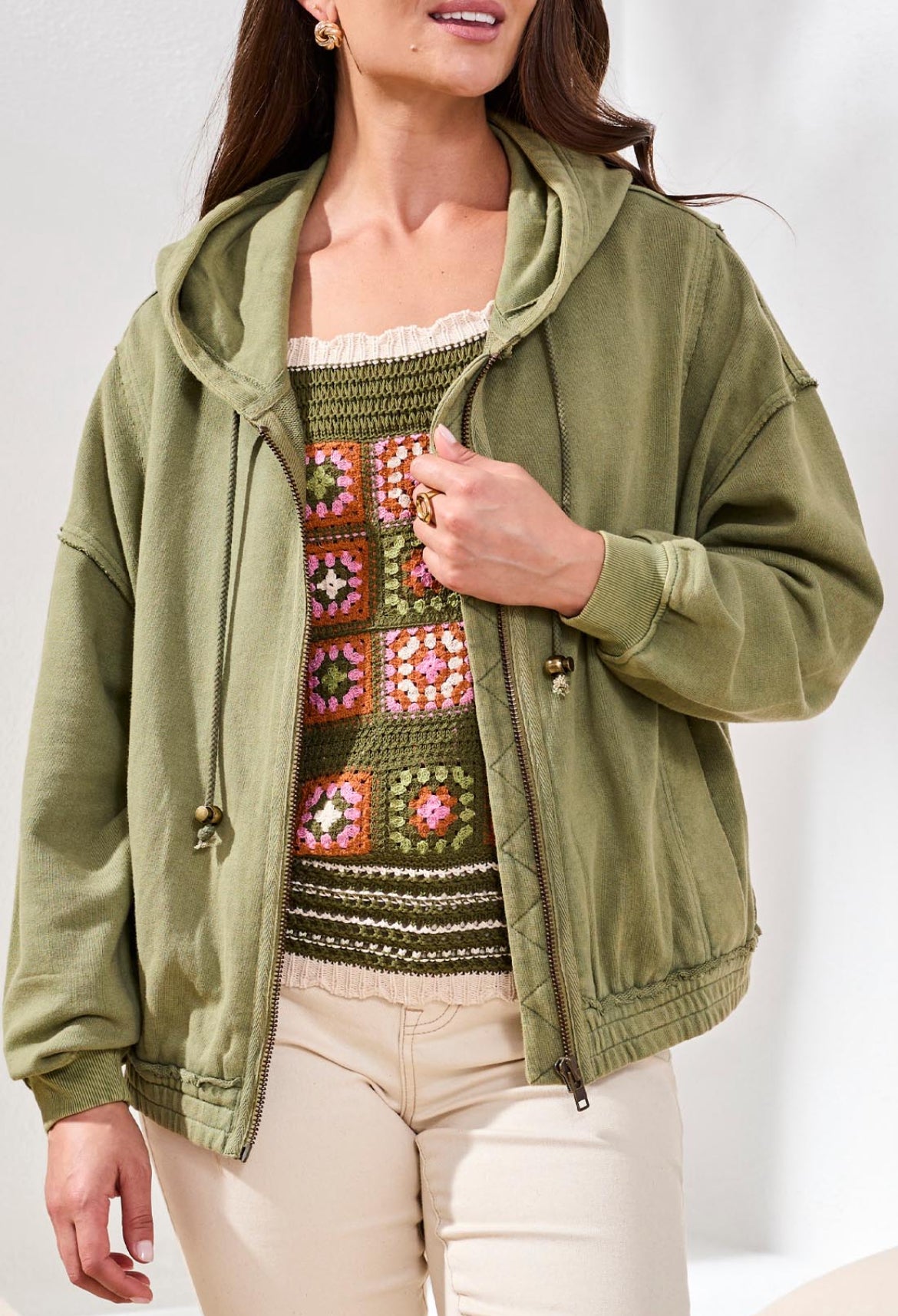 Tribal Puff Sleeve Zip Up Hoodie W/ Special Wash Effect, Rainforest