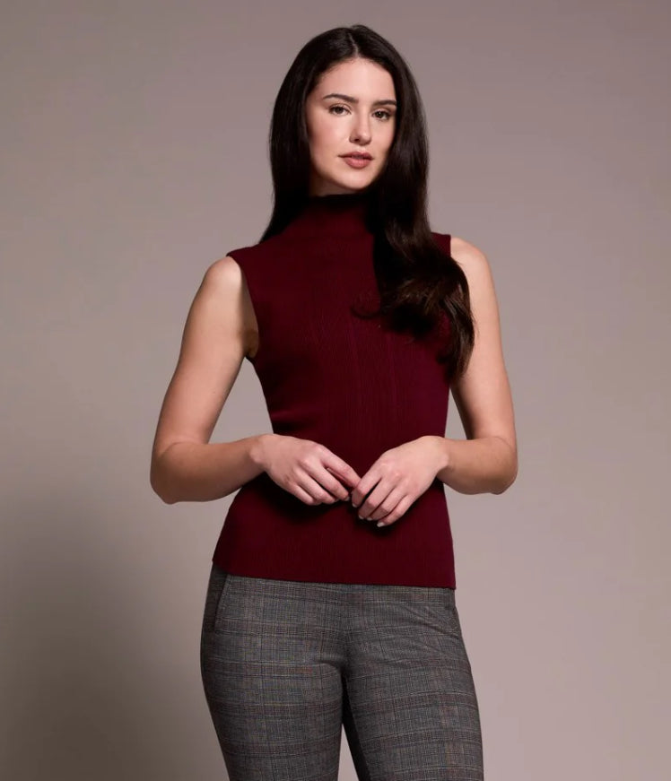 Tribal Textured Sleeveless Mock Neck Top, Wine