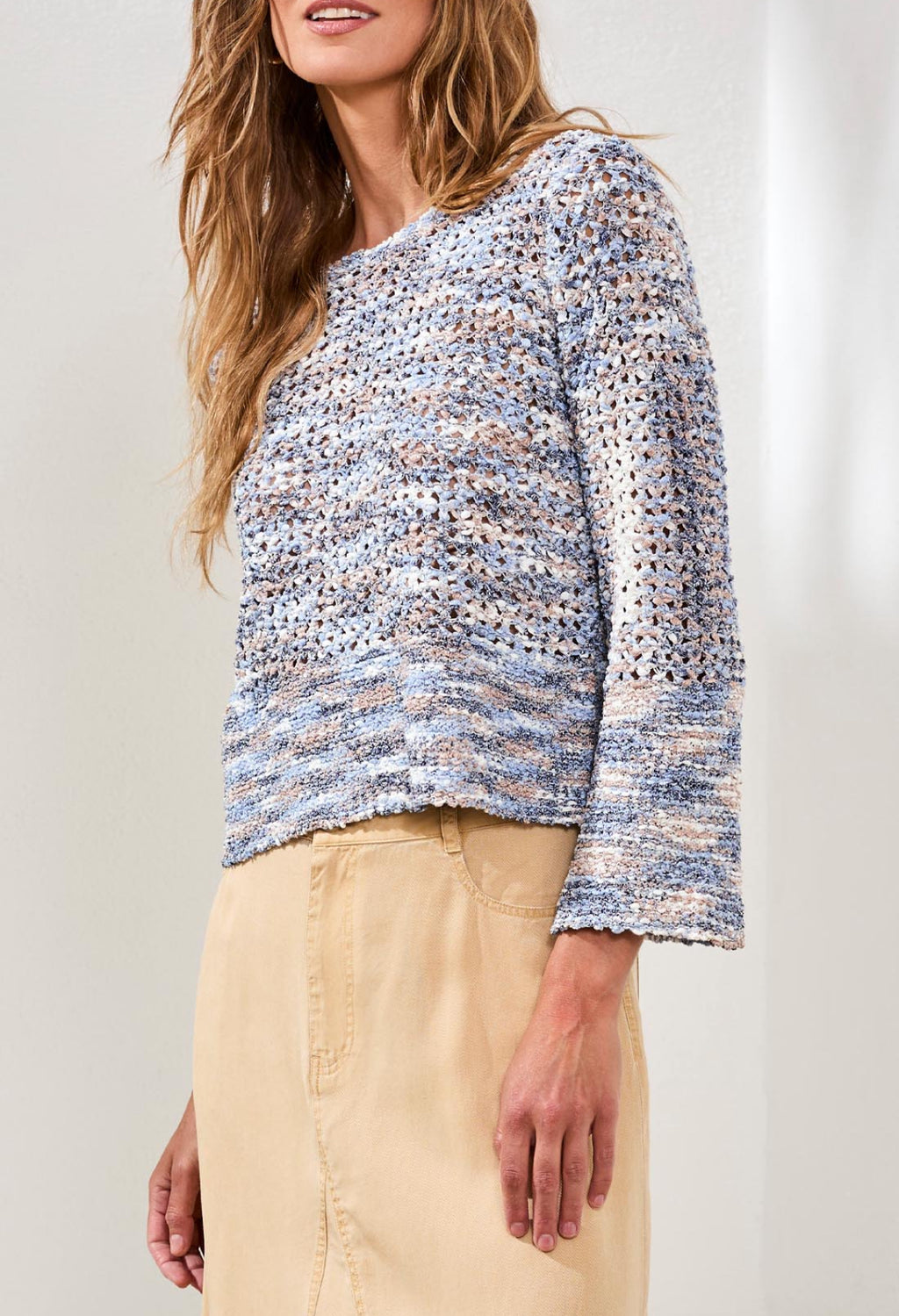 Tribal Bell Sleeve Open Stitch Crew Neck Sweater