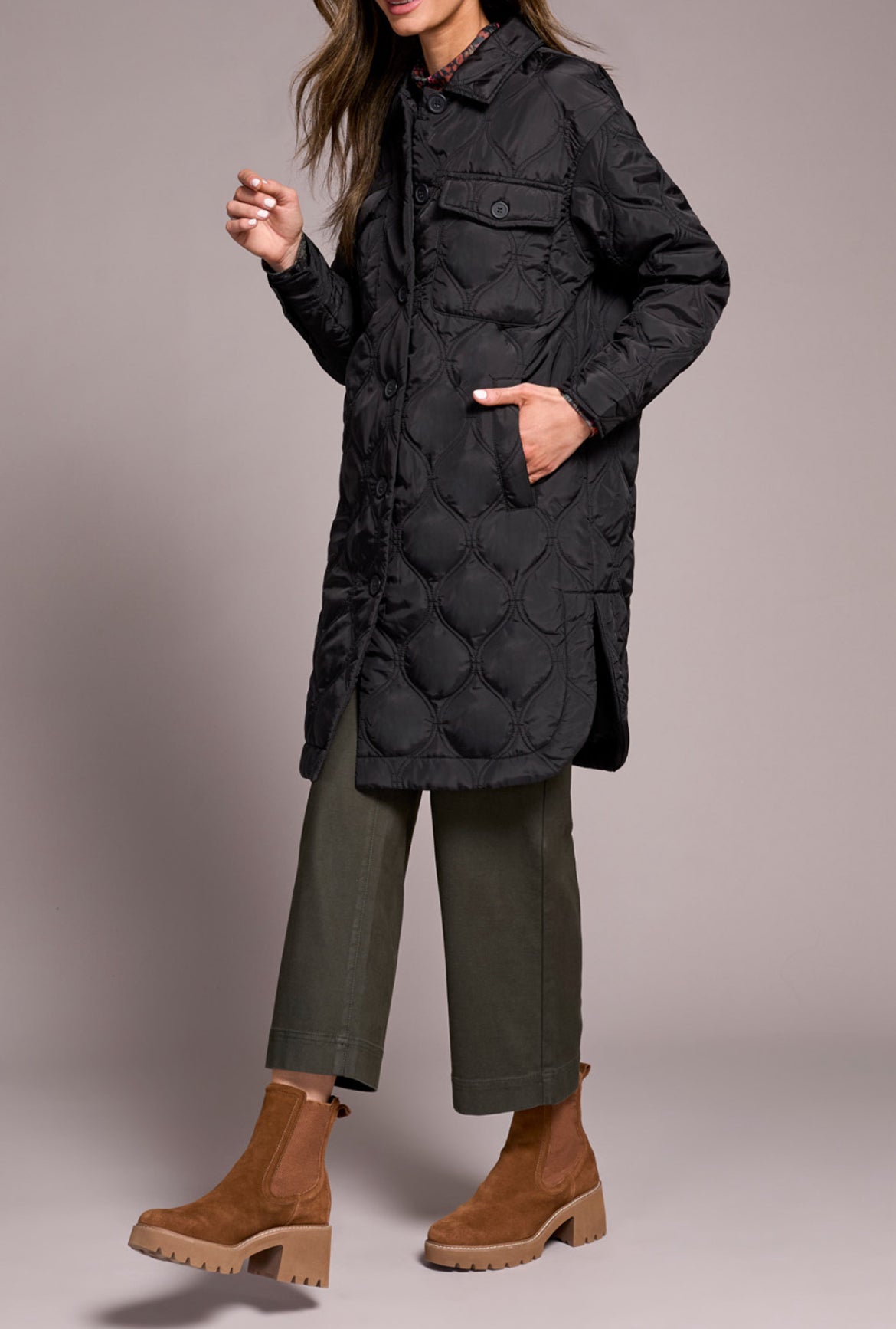 Tribal Long Quilted Button-Up Jacket With Pockets, Black