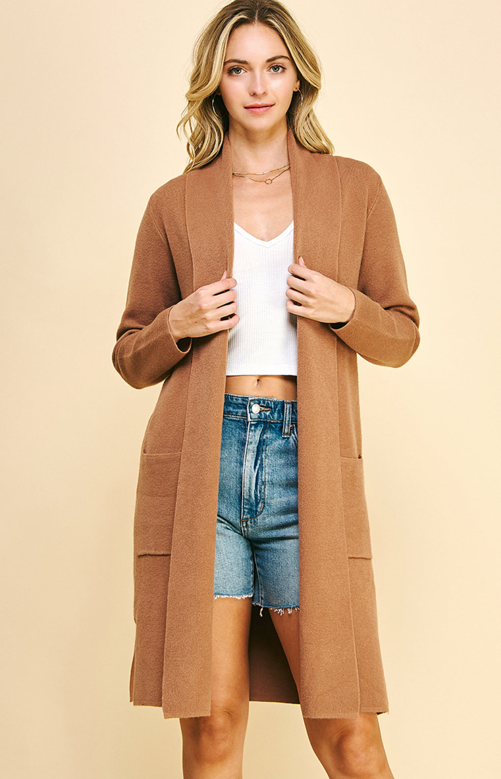 Pinch Open Knitted Cardigan, Camel