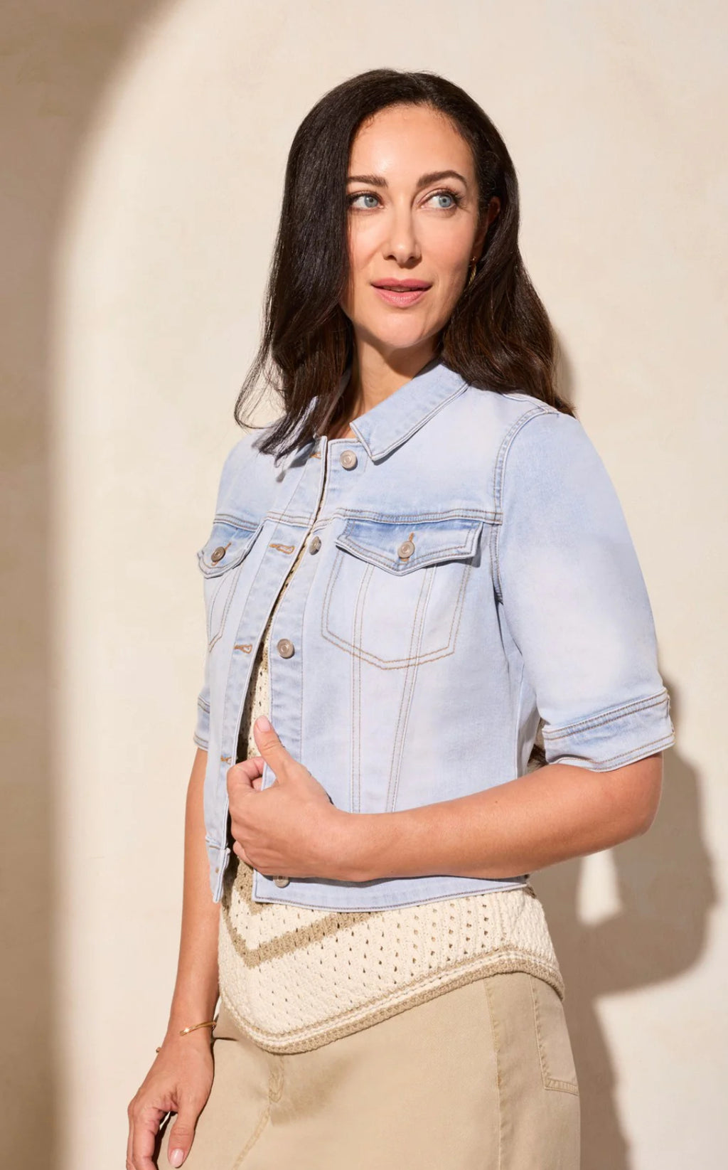 Tribal Comfort Stretch Elbow Sleeve Denim Jacket, Lt Surf