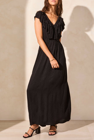 Tribal Maxi Dress W/Frill Detail, Black