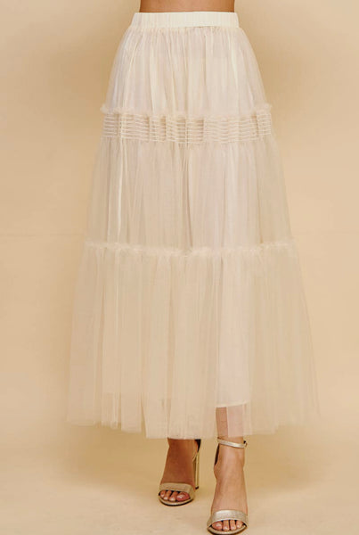 Pinch Tulle Mesh Teired Maxi Skirt, Ivory