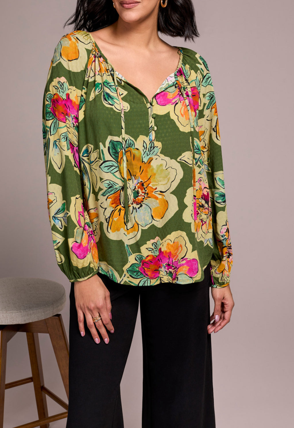 Tribal Long Sleeve Blouse W/Tie, Chive