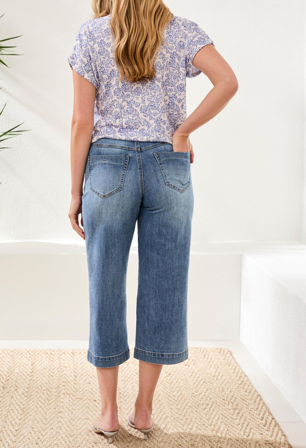 Tribal Audrey Button Fly Wide Crop Jeans, Pebble Blue