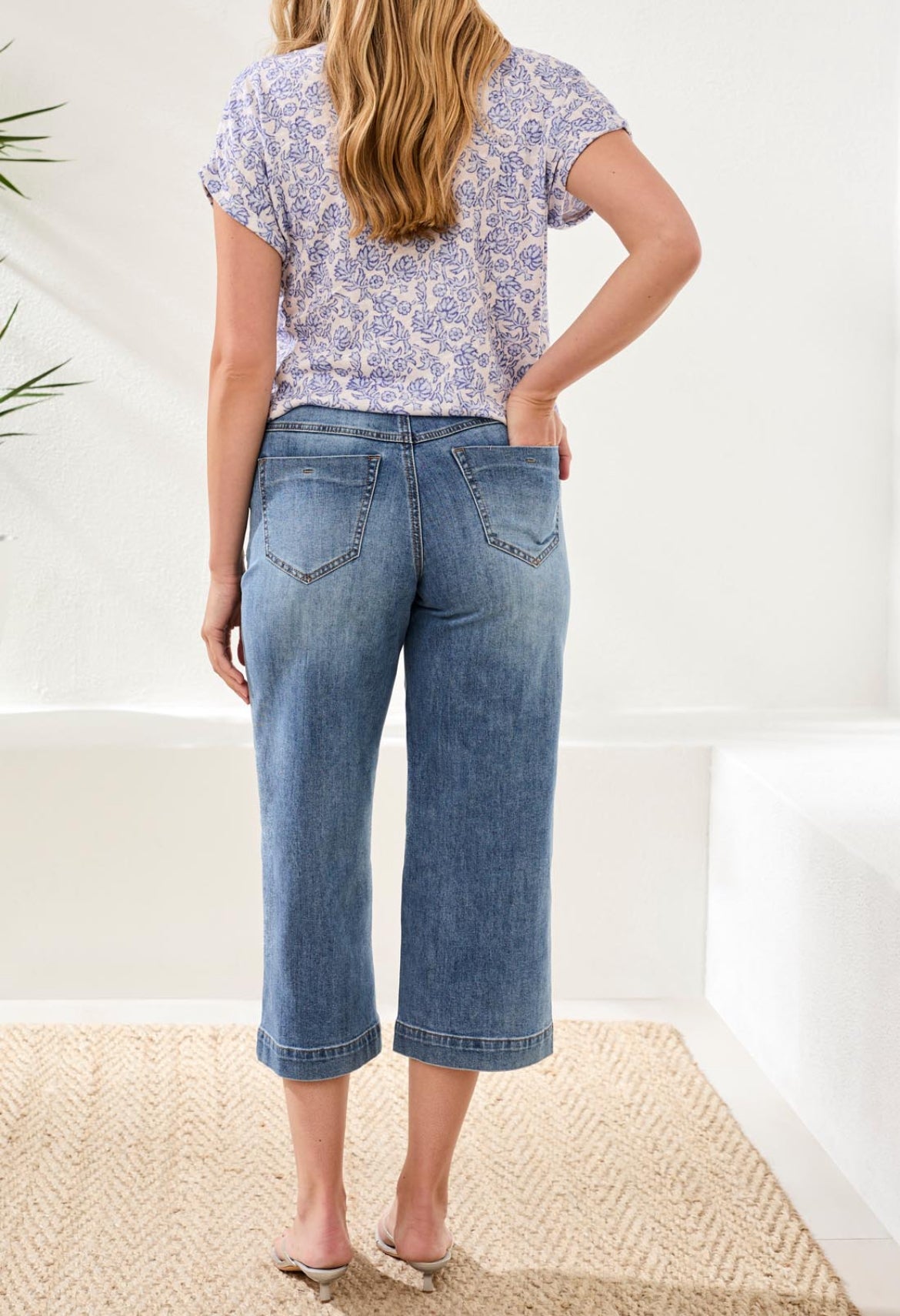 Tribal Audrey Button Fly Wide Crop Jeans, Pebble Blue