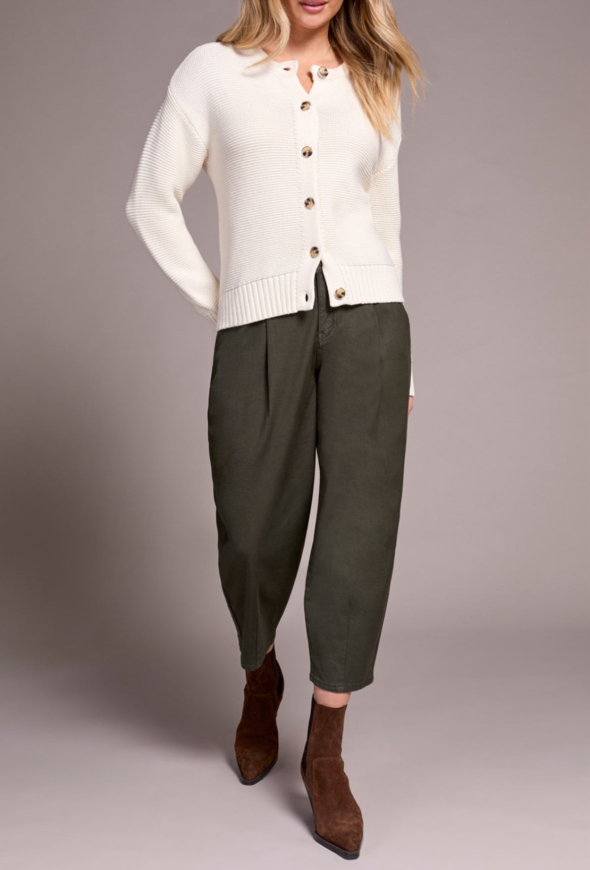 Tribal Button Front Cardi With Special Wash, Eggshell