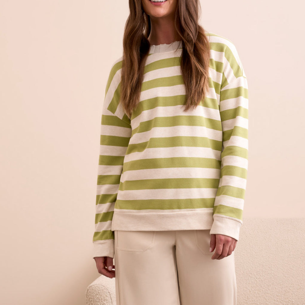 Tribal Long Sleeve Crew Neck Top W/Rib Detail, Wasabi