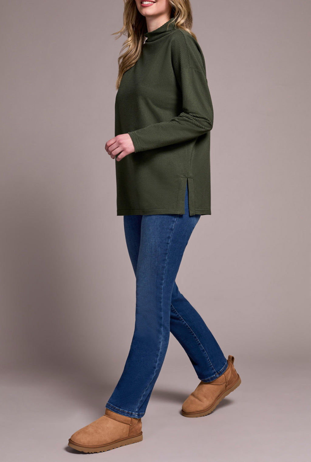 Tribal Funnel Neck Tunic W/Side Slits, H Spruce